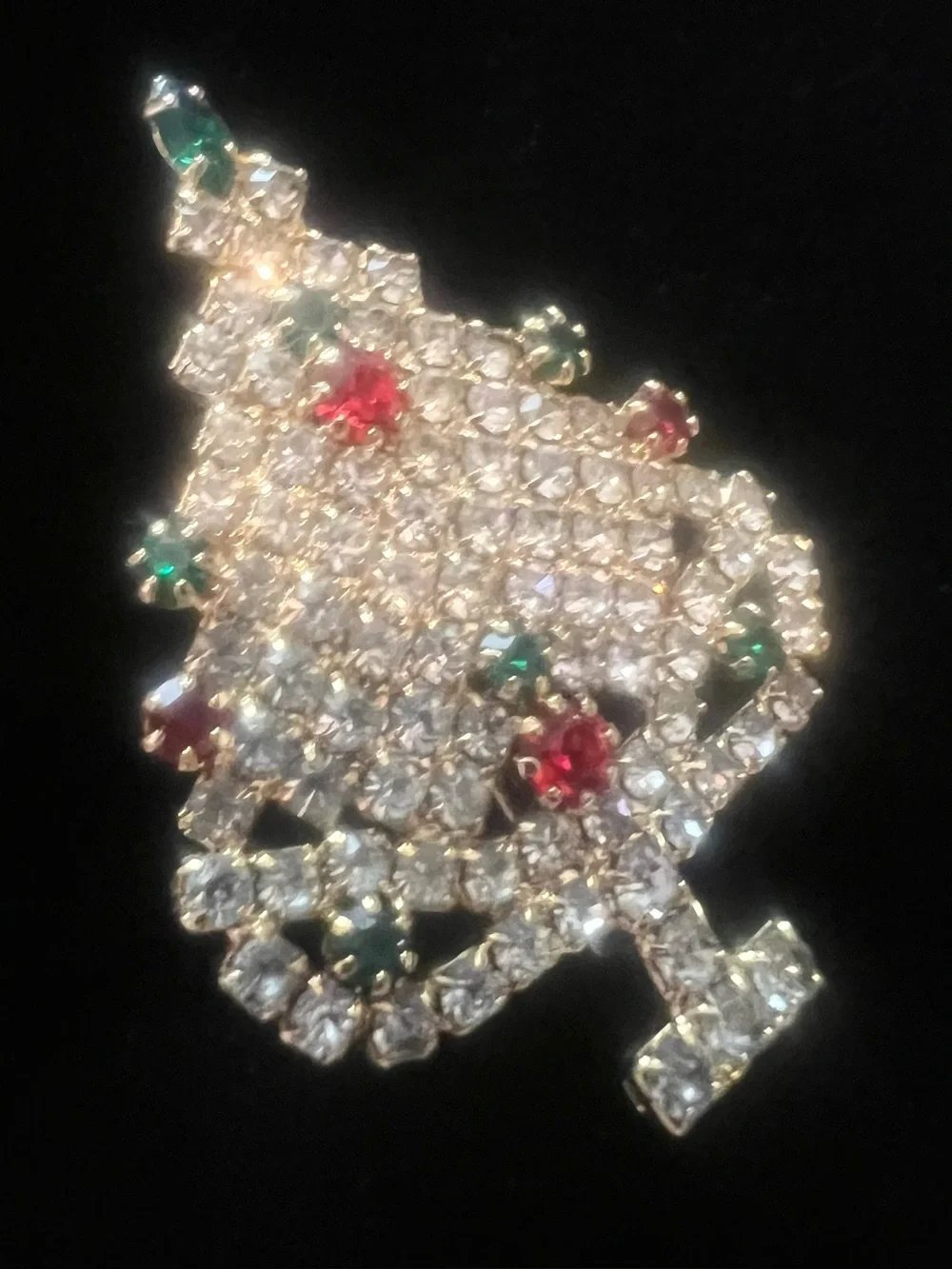 Vintage Crystal Rhinestone Christmas Tree Brooch with Red and Green Accents